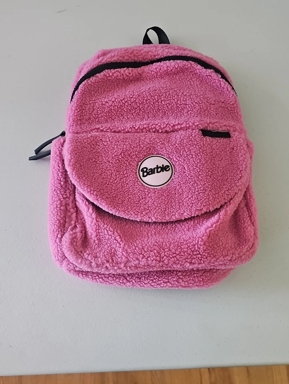 Barbie Pink Sherpa Plush Kids Backpack with Logo Patch